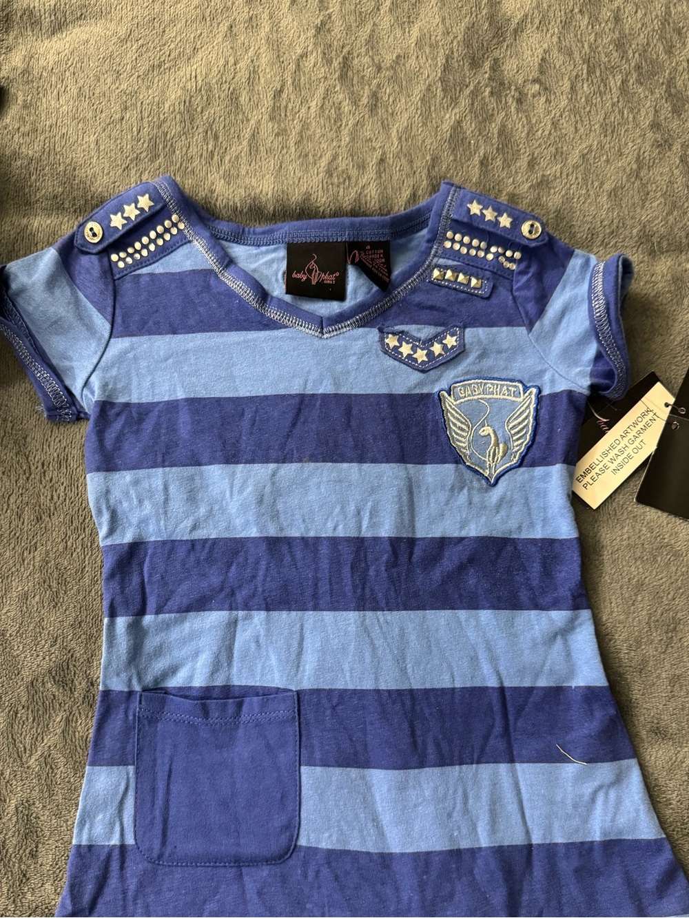 Baby Phat Blue Striped Short Sleeve Tee with Stud Accents